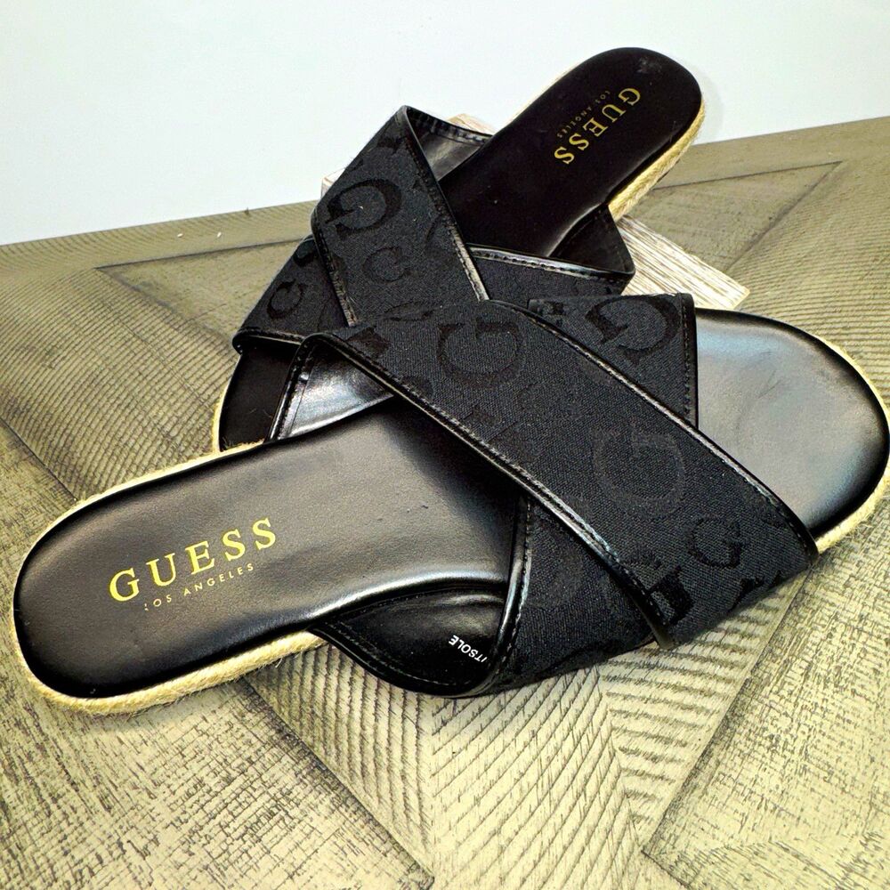 GUESS Karla Women’s 7 Black Logo Espadrille Wedge Criss Cross Slide Sandals Y2K